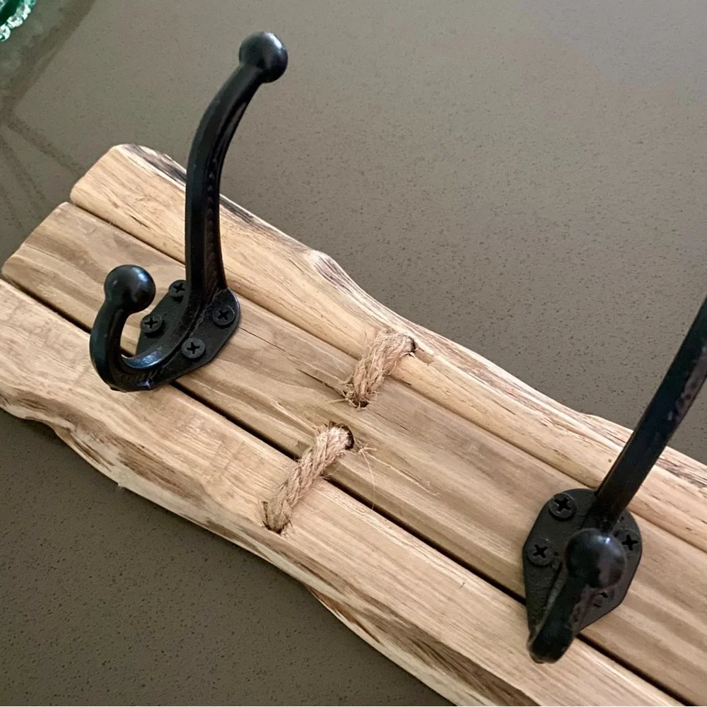Hand Crafted Natural Live Edge Wood, w/5 Wrought Iron Hooks, & Jute rope.